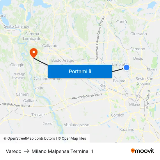 Varedo to Milano Malpensa Terminal 1 map