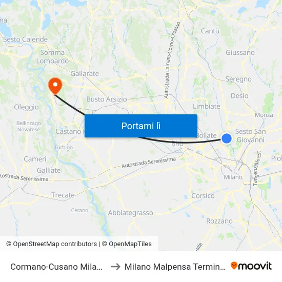 Cormano-Cusano Milanino to Milano Malpensa Terminal 1 map