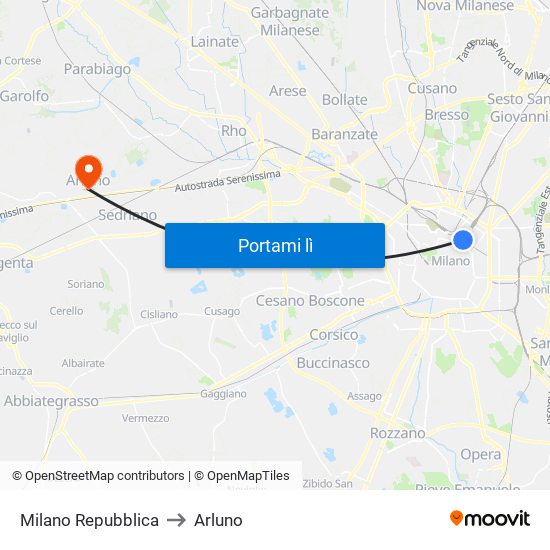 Milano Repubblica to Arluno map