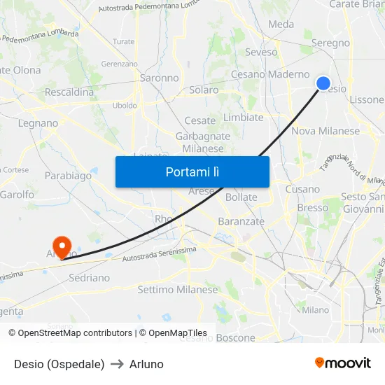 Desio (Ospedale) to Arluno map