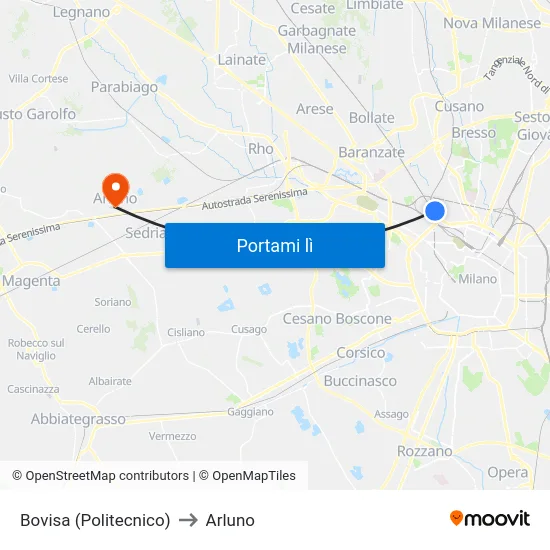 Bovisa (Politecnico) to Arluno map