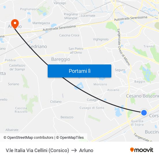 V.le Italia Via Cellini (Corsico) to Arluno map