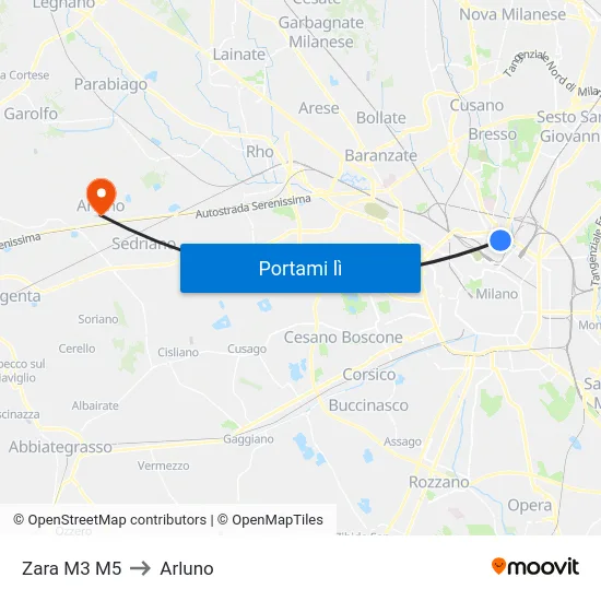 Zara M3 M5 to Arluno map