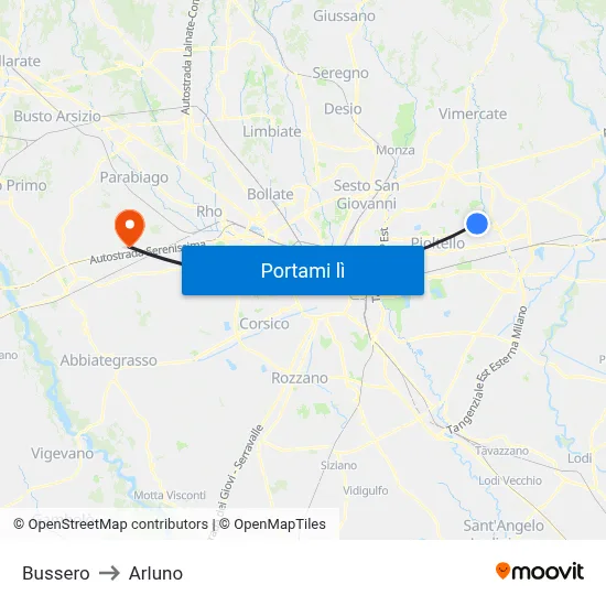 Bussero to Arluno map