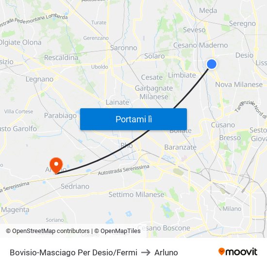 Bovisio-Masciago Per Desio/Fermi to Arluno map
