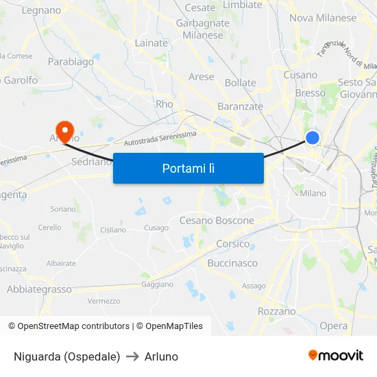 Niguarda (Ospedale) to Arluno map