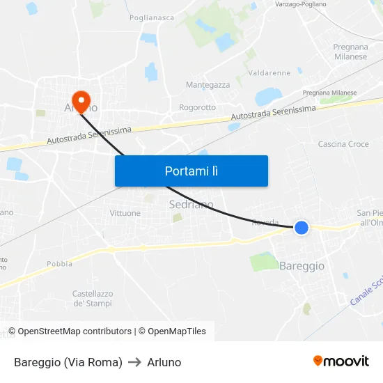 Bareggio (Via Roma) to Arluno map