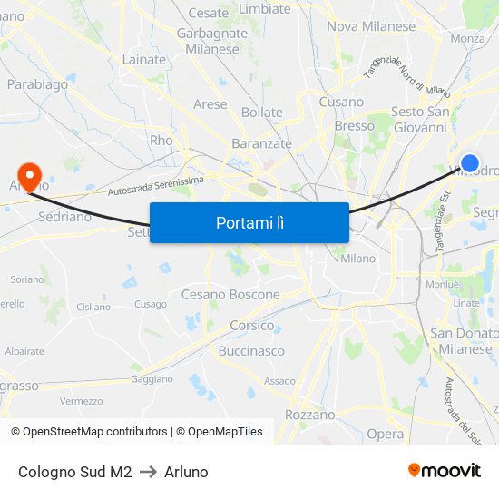 Cologno Sud M2 to Arluno map