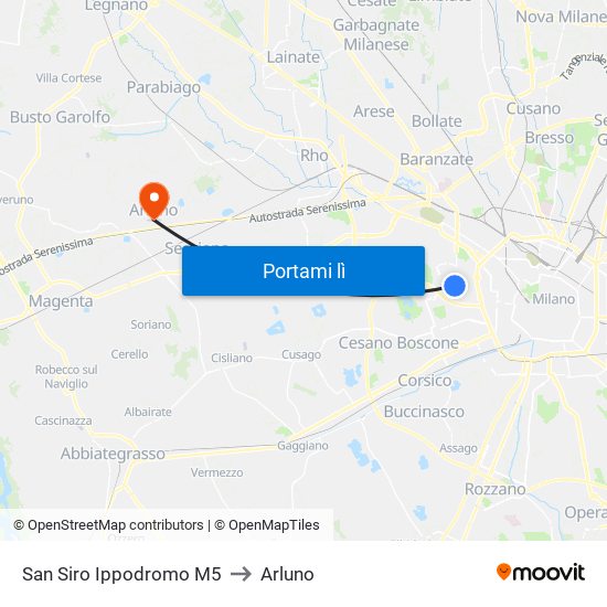 San Siro Ippodromo M5 to Arluno map