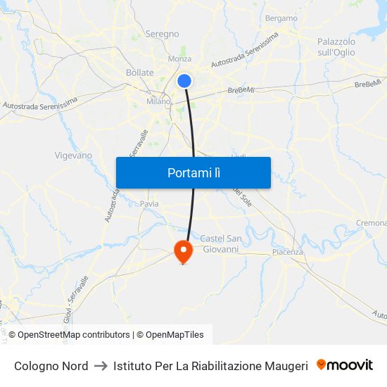Cologno Nord to Istituto Per La Riabilitazione Maugeri map