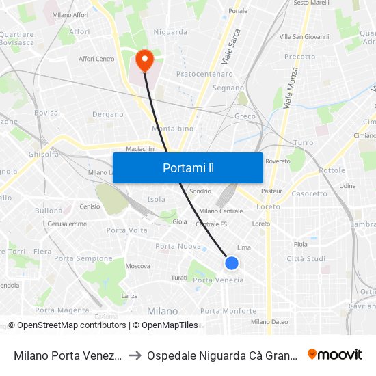 Milano Porta Venezia to Ospedale Niguarda Cà Granda map