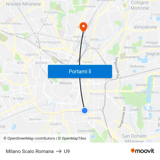 Milano Scalo Romana to U9 map