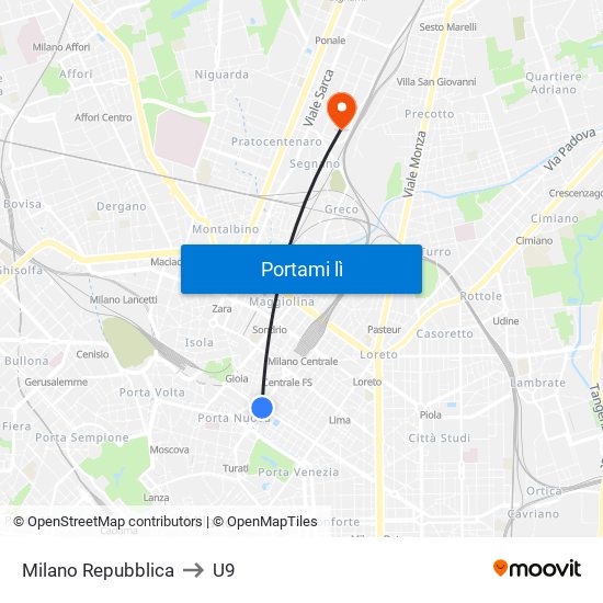 Milano Repubblica to U9 map