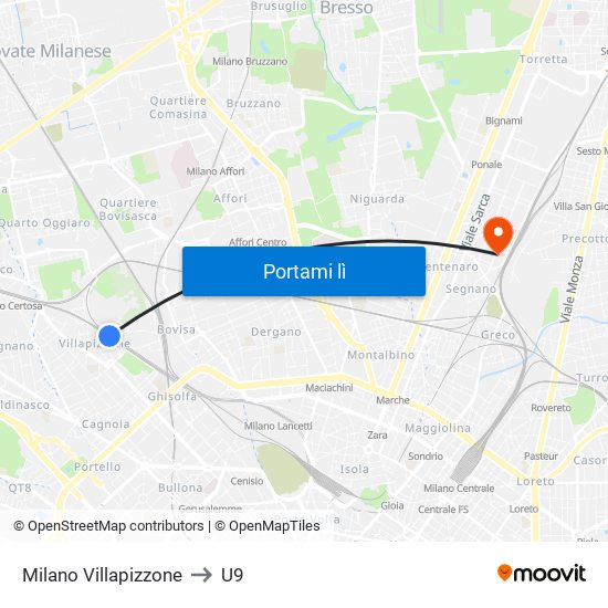 Milano Villapizzone to U9 map