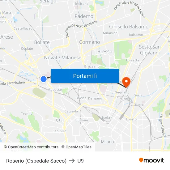 Roserio (Ospedale Sacco) to U9 map