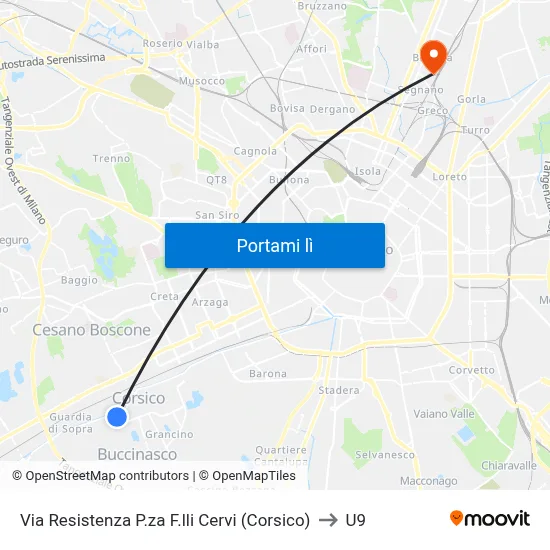 Via Resistenza P.za F.lli Cervi (Corsico) to U9 map