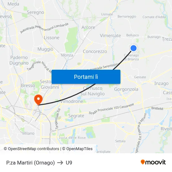 P.za Martiri (Ornago) to U9 map