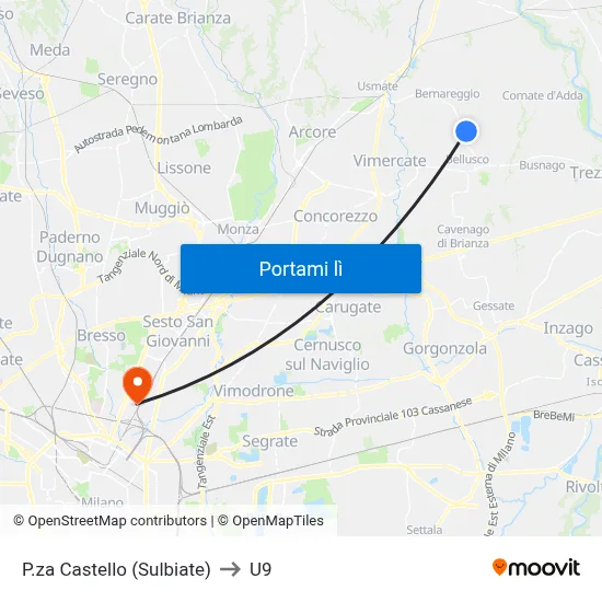 P.za Castello (Sulbiate) to U9 map