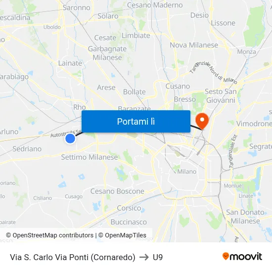 Via S. Carlo Via Ponti (Cornaredo) to U9 map