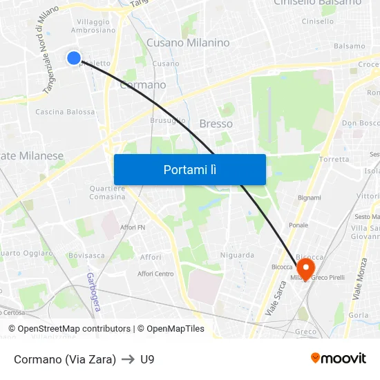 Cormano (Via Zara) to U9 map