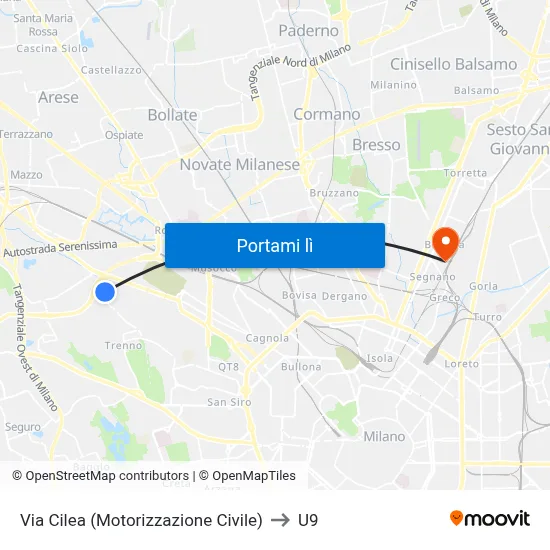 Via Cilea (Motorizzazione Civile) to U9 map