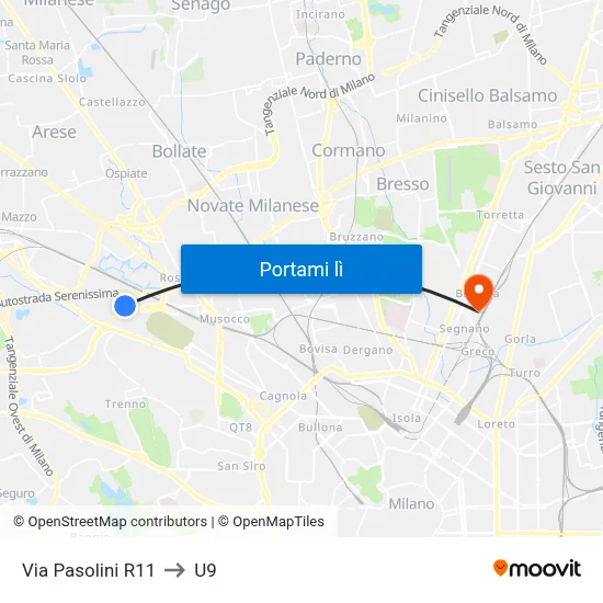 Via Pasolini R11 to U9 map