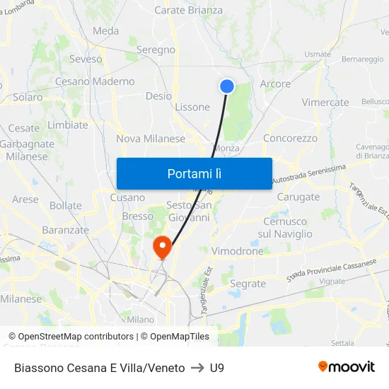 Biassono Cesana E Villa/Veneto to U9 map