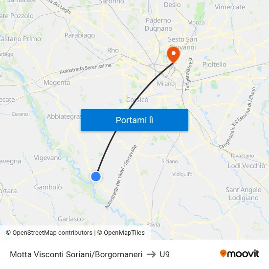 Motta Visconti Soriani/Borgomaneri to U9 map