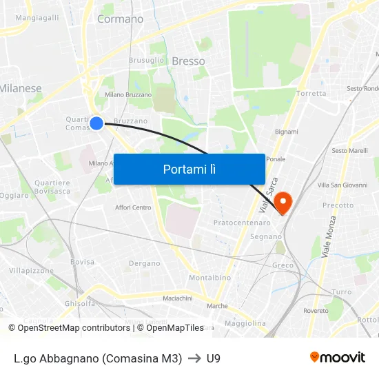 L.go Abbagnano (Comasina M3) to U9 map