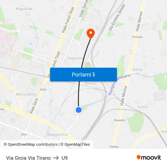 Via Gioia Via Tirano to U9 map