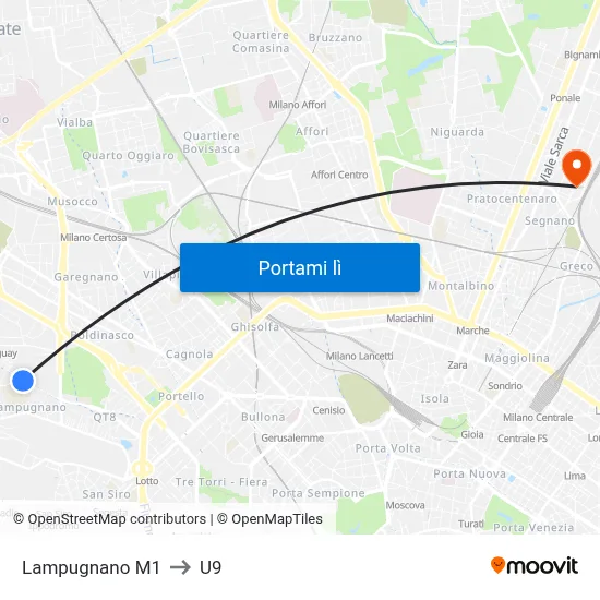 Lampugnano M1 to U9 map