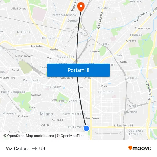 Via Cadore to U9 map