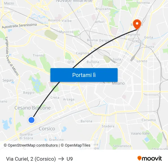 Via Curiel, 2 (Corsico) to U9 map