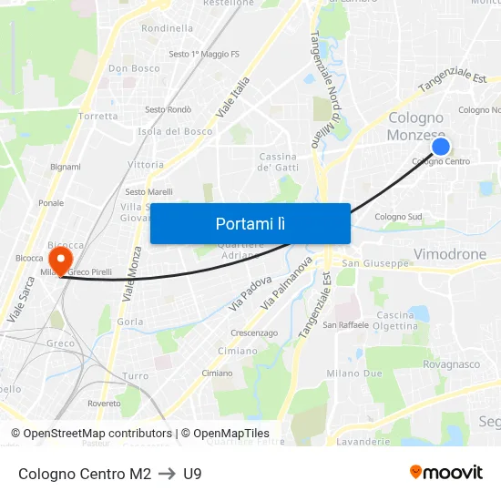 Cologno Centro M2 to U9 map