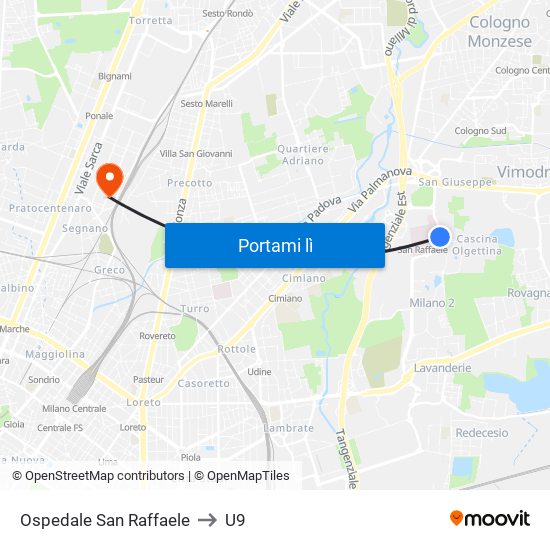 Ospedale San Raffaele to U9 map