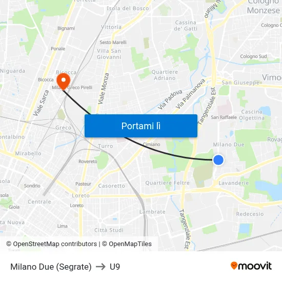 Milano Due (Segrate) to U9 map