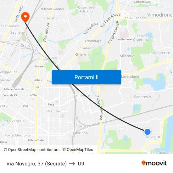 Via Novegro, 37 (Segrate) to U9 map