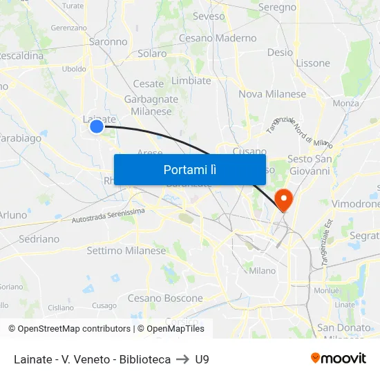 Lainate -  V. Veneto - Biblioteca to U9 map