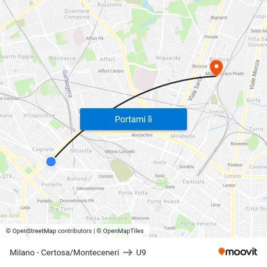 Milano -  Certosa/Monteceneri to U9 map