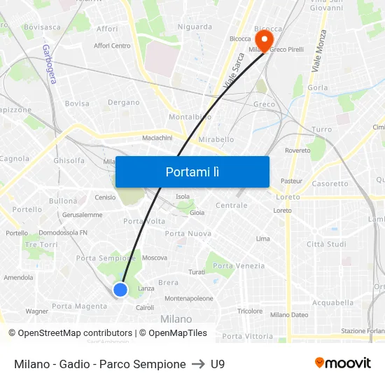 Milano -  Gadio - Parco Sempione to U9 map