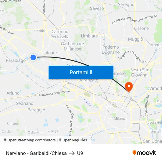 Nerviano -  Garibaldi/Chiesa to U9 map
