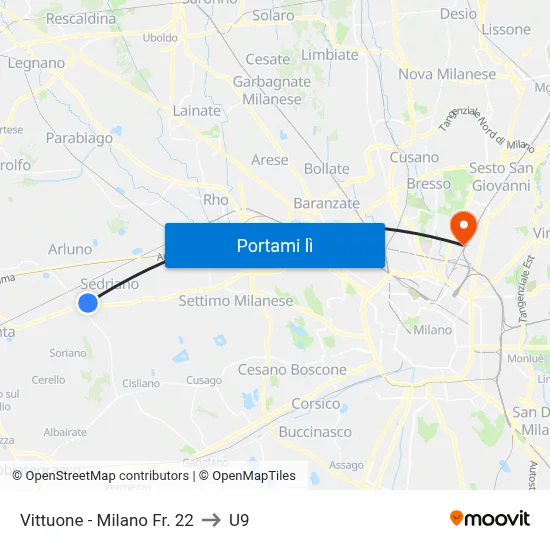 Vittuone -  Milano Fr. 22 to U9 map