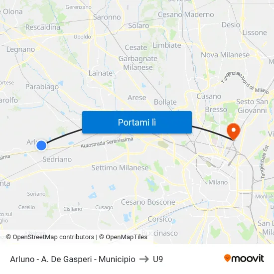 Arluno -  A. De Gasperi - Municipio to U9 map