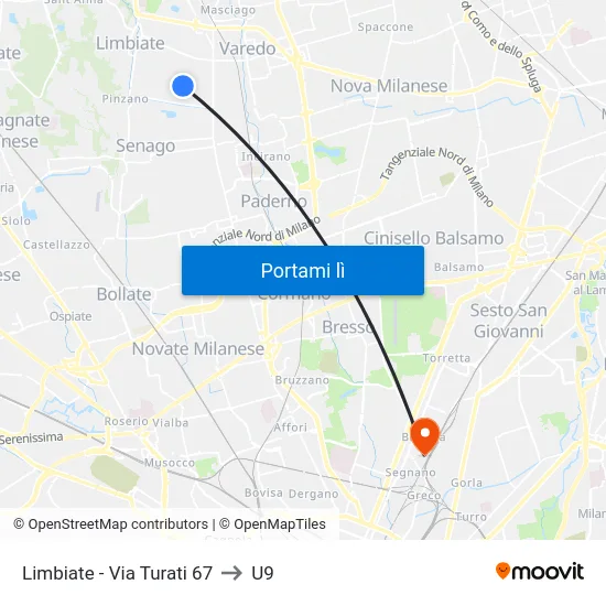 Limbiate - Via Turati 67 to U9 map