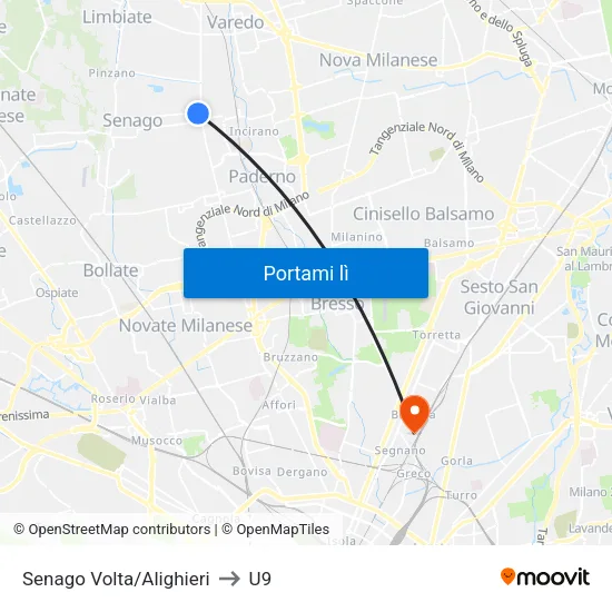 Senago Volta/Alighieri to U9 map