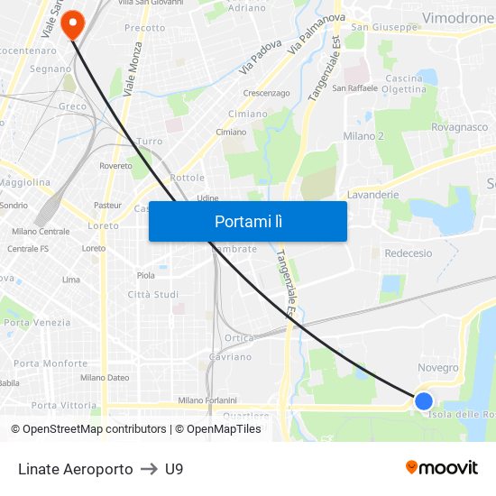Linate Aeroporto to U9 map