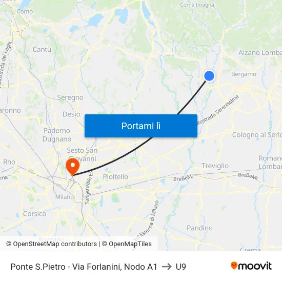 Ponte S.Pietro - Via Forlanini, Nodo A1 to U9 map