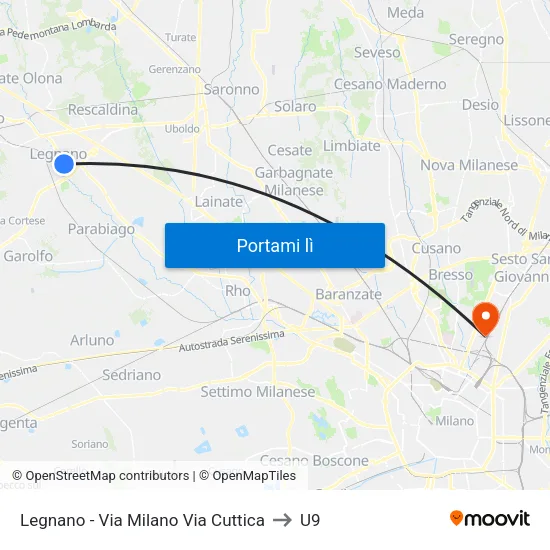 Legnano - Via Milano Via Cuttica to U9 map