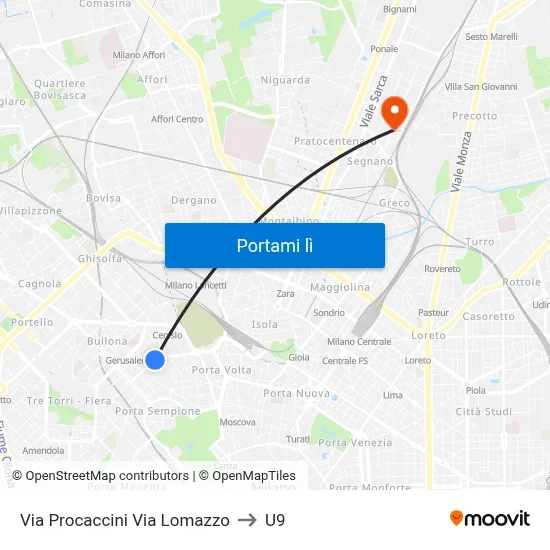 Via Procaccini Via Lomazzo to U9 map