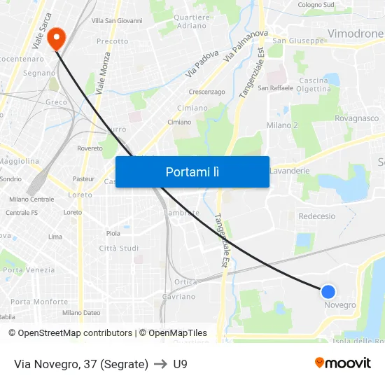 Via Novegro, 37 (Segrate) to U9 map
